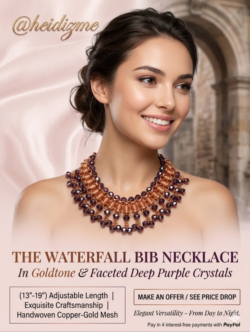 Purple Beaded Waterfall Choker or Bib Necklace (13"-19") in Goldtone